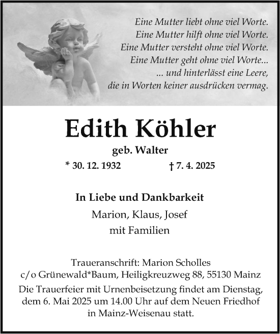 Traueranzeige von Edith Köhler von Allgemeine Zeitung Mainz
