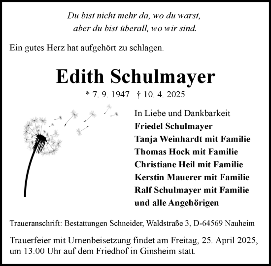 Traueranzeige von Edith Schulmayer von Rüsselsheimer Echo