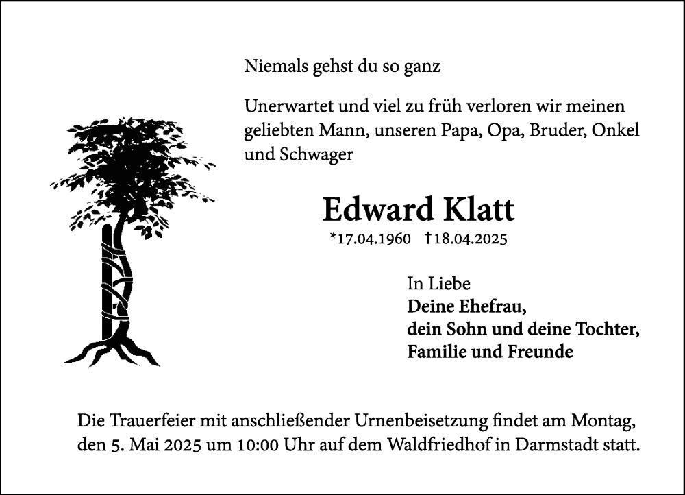  Traueranzeige für Edward Klatt vom 26.04.2025 aus Darmstädter Echo