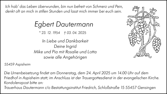 Traueranzeige von Egbert Dautermann von Allgemeine Zeitung Rheinhessen-Nahe