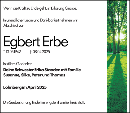 Traueranzeige von Egbert Erbe von Weilburger Tageblatt