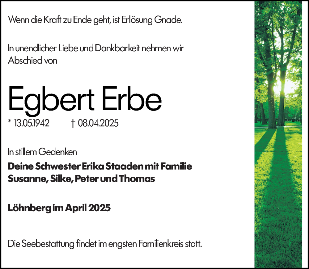  Traueranzeige für Egbert Erbe vom 12.04.2025 aus Weilburger Tageblatt