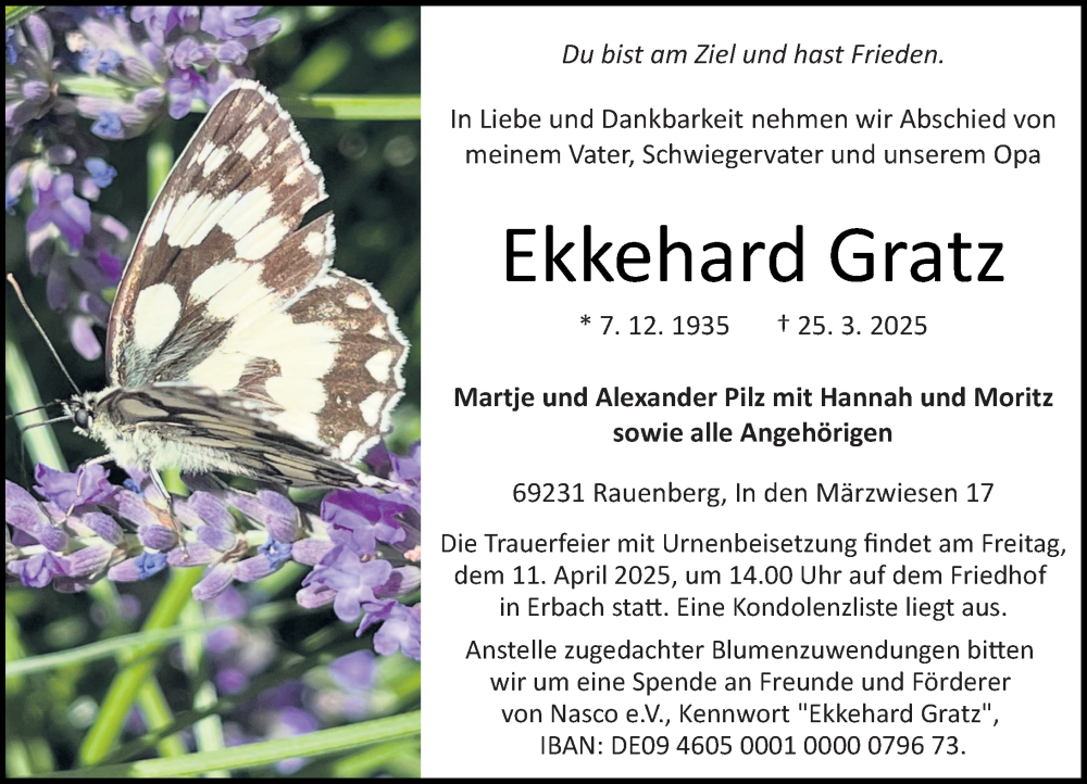  Traueranzeige für Ekkehard Gratz vom 05.04.2025 aus Odenwälder Echo