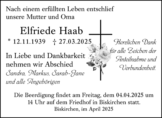 Traueranzeige von Elfriede Haab von Wetzlarer Neue Zeitung