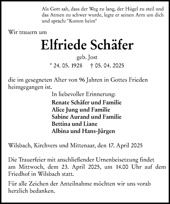 Traueranzeige von Elfriede Schäfer von Dill Block