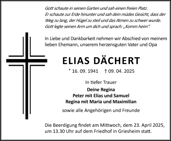 Traueranzeige von Elias Dächert von Darmstädter Echo