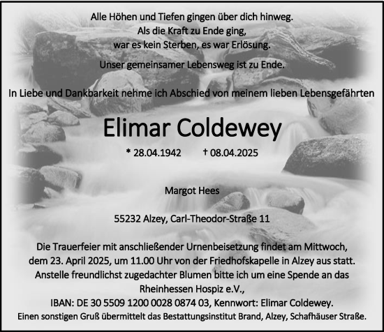 Traueranzeige von Elimar Coldewey von Allgemeine Zeitung Alzey