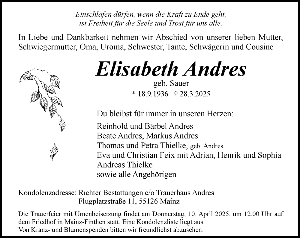  Traueranzeige für Elisabeth Andres vom 05.04.2025 aus Allgemeine Zeitung Mainz