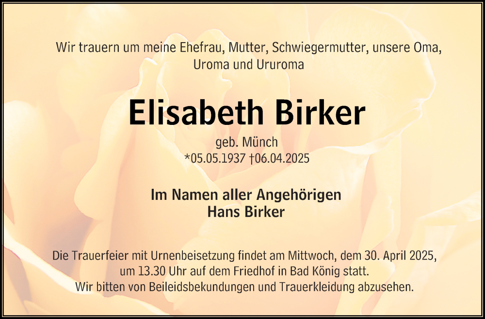  Traueranzeige für Elisabeth Birker vom 26.04.2025 aus Odenwälder Echo