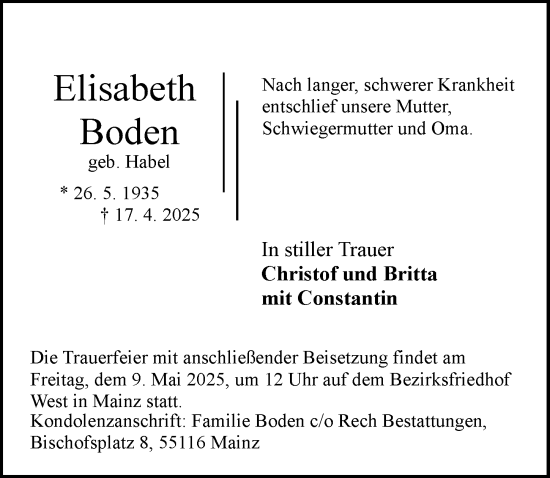 Traueranzeige von Elisabeth Boden von Allgemeine Zeitung Mainz