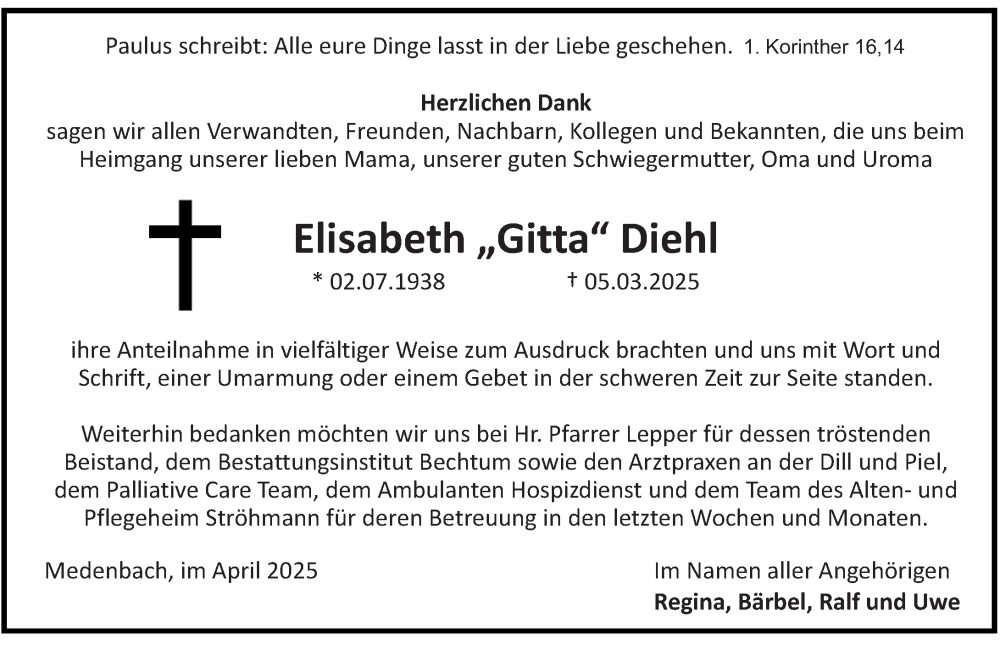  Traueranzeige für Elisabeth Diehl vom 10.04.2025 aus Dill Block