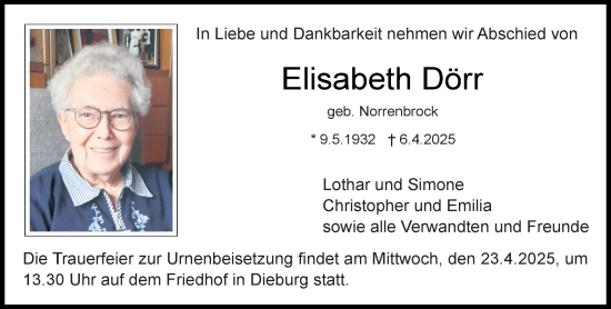 Traueranzeige von Elisabeth Dörr von Dieburger Anzeiger/Groß-Zimmerner Lokal-Anzeiger