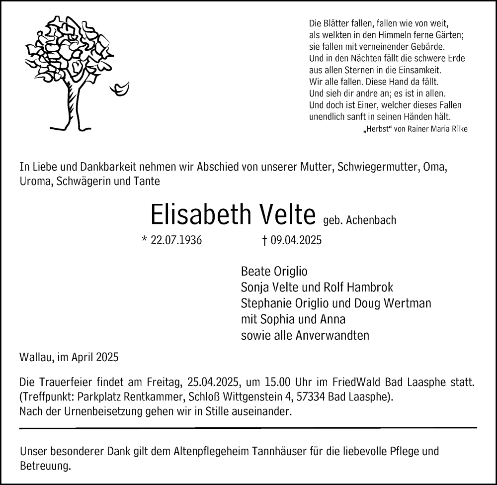  Traueranzeige für Elisabeth Velte vom 19.04.2025 aus Hinterländer Anzeiger