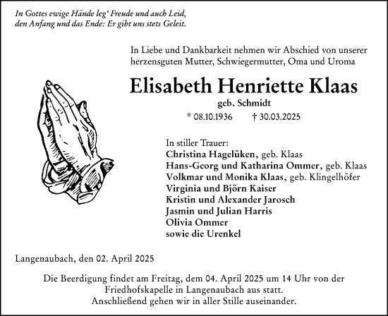 Traueranzeige von Elisabeth Henriette Klaas von Dill Block