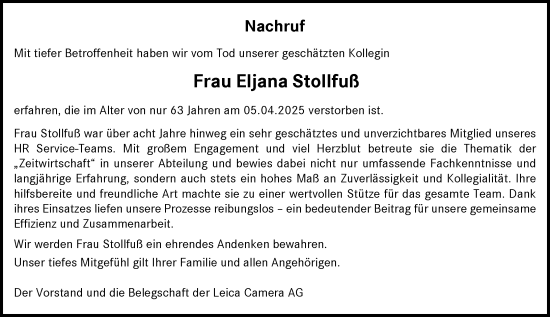 Traueranzeige von Eljana Stollfuß von Wetzlarer Neue Zeitung