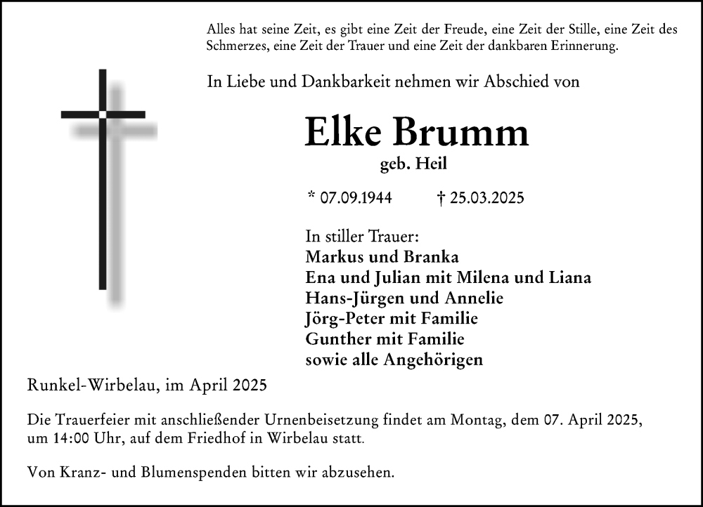  Traueranzeige für Elke Brumm vom 05.04.2025 aus Weilburger Tageblatt