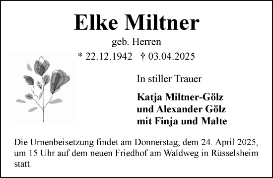 Traueranzeige von Elke Miltner von Rüsselsheimer Echo