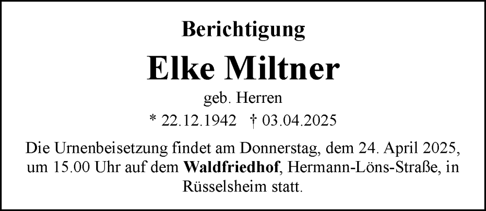  Traueranzeige für Elke Miltner vom 19.04.2025 aus Rüsselsheimer Echo