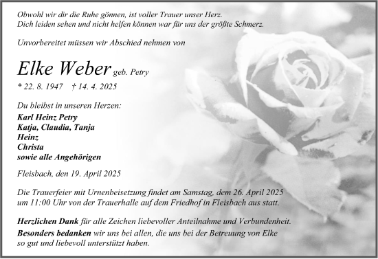 Traueranzeige von Elke Weber von Dill Block