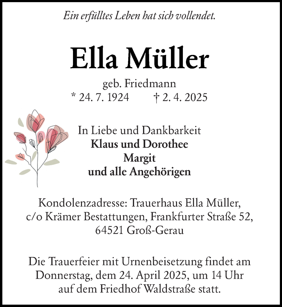  Traueranzeige für Ella Müller vom 19.04.2025 aus Groß-Gerauer Echo