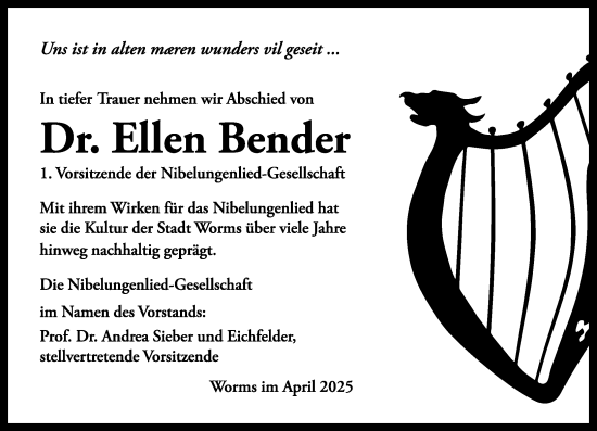 Traueranzeige von Ellen Bender von Wormser Zeitung