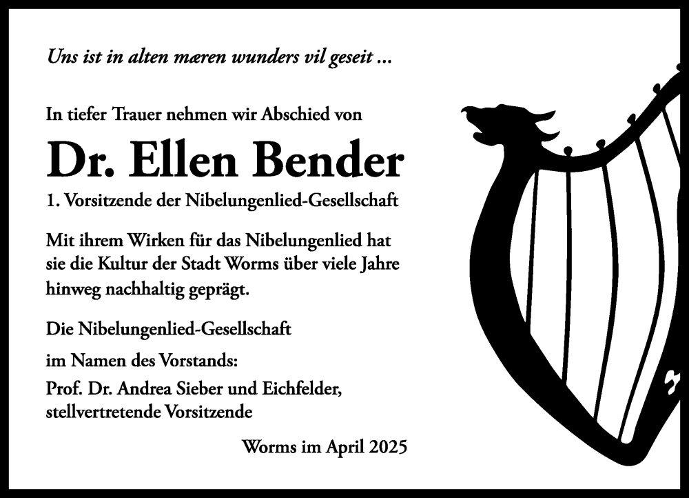  Traueranzeige für Ellen Bender vom 29.04.2025 aus Wormser Zeitung