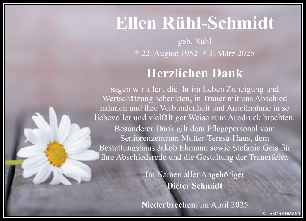  Traueranzeige für Ellen Rühl-Schmidt vom 03.04.2025 aus Camberger Anzeiger