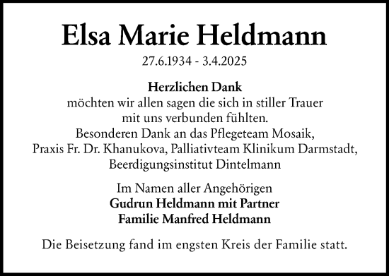 Traueranzeige von Elsa Marie Heldmann von Darmstädter Echo