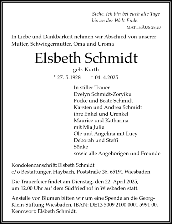 Traueranzeige von Elsbeth Schmidt von Wiesbadener Kurier