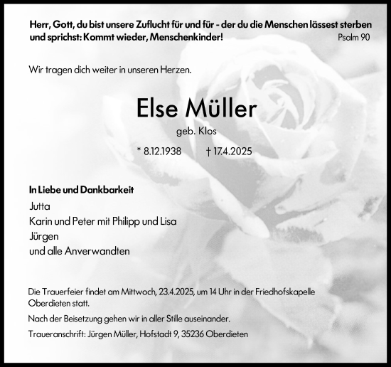 Traueranzeige von Else Müller von Hinterländer Anzeiger
