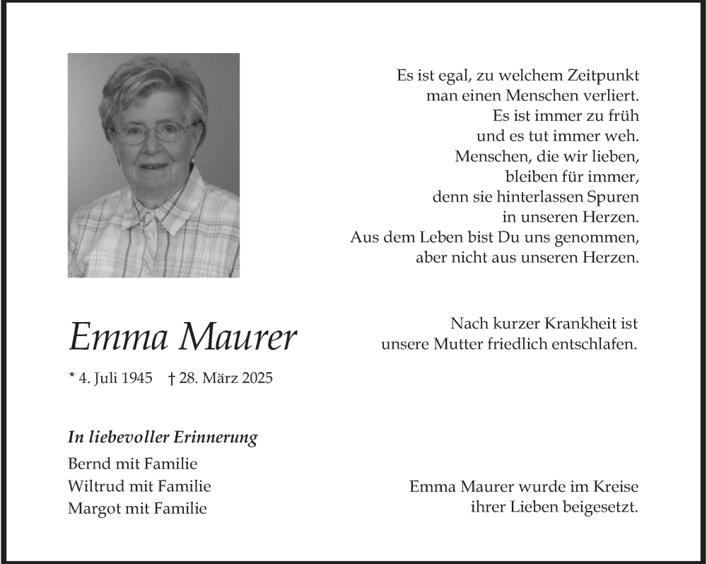  Traueranzeige für Emma Maurer vom 19.04.2025 aus Allgemeine Zeitung Mainz