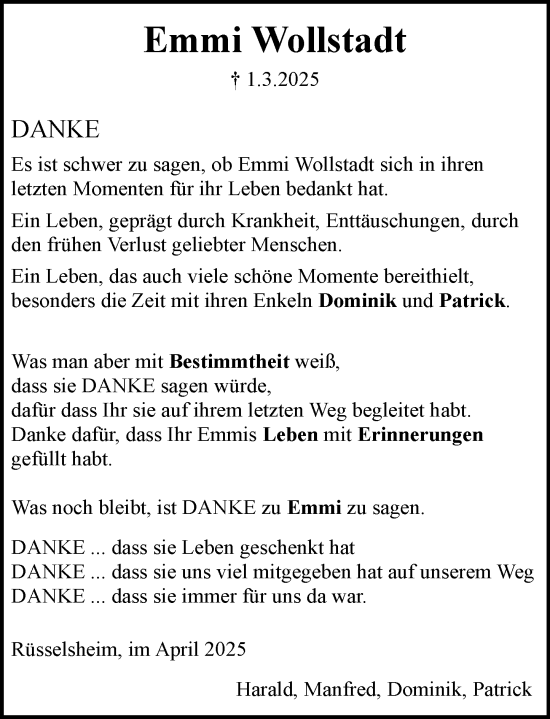 Traueranzeige von Emmi Wollstadt von Rüsselsheimer Echo