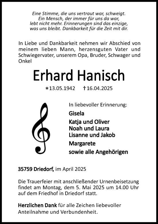 Traueranzeige von Erhard Hanisch von Dill Block