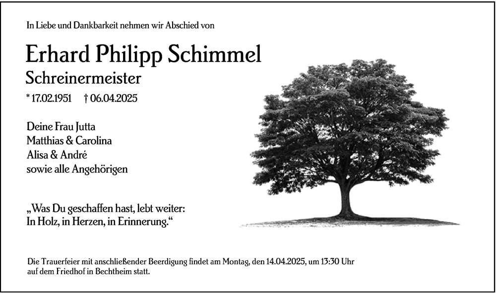  Traueranzeige für Erhard Philipp Schimmel vom 11.04.2025 aus Wormser Zeitung