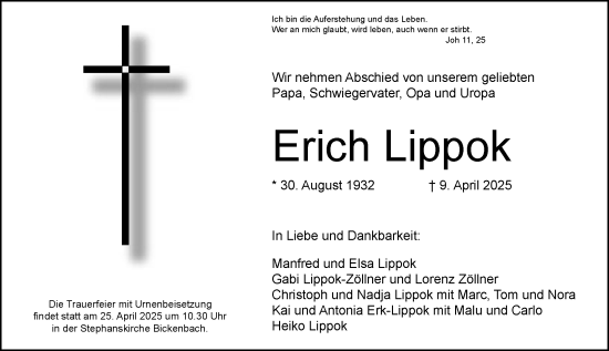 Traueranzeige von Erich Lippok von Darmstädter Echo