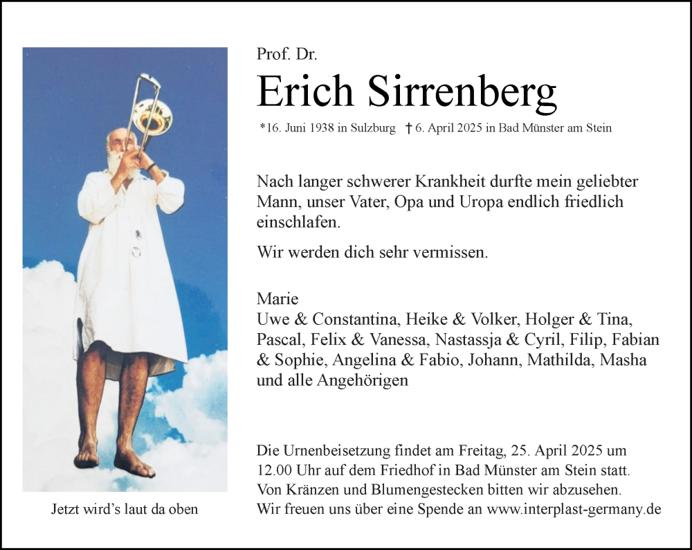  Traueranzeige für Erich Sirrenberg vom 12.04.2025 aus Allgemeine Zeitung Rheinhessen-Nahe