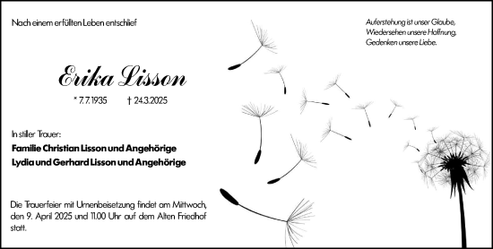 Traueranzeige von Erika Lisson von Hochheimer Zeitung