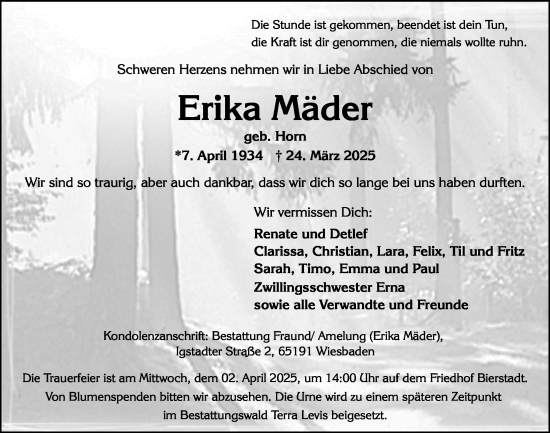 Traueranzeige von Erika Mäder von Wiesbadener Kurier
