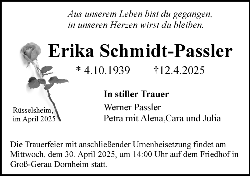  Traueranzeige für Erika Schmidt-Passler vom 26.04.2025 aus Rüsselsheimer Echo