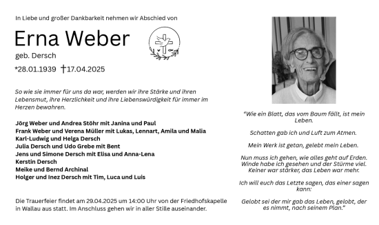 Traueranzeige von Erna Weber von Hinterländer Anzeiger