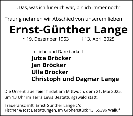 Traueranzeige von Ernst-Gunther Lange von Wiesbadener Kurier