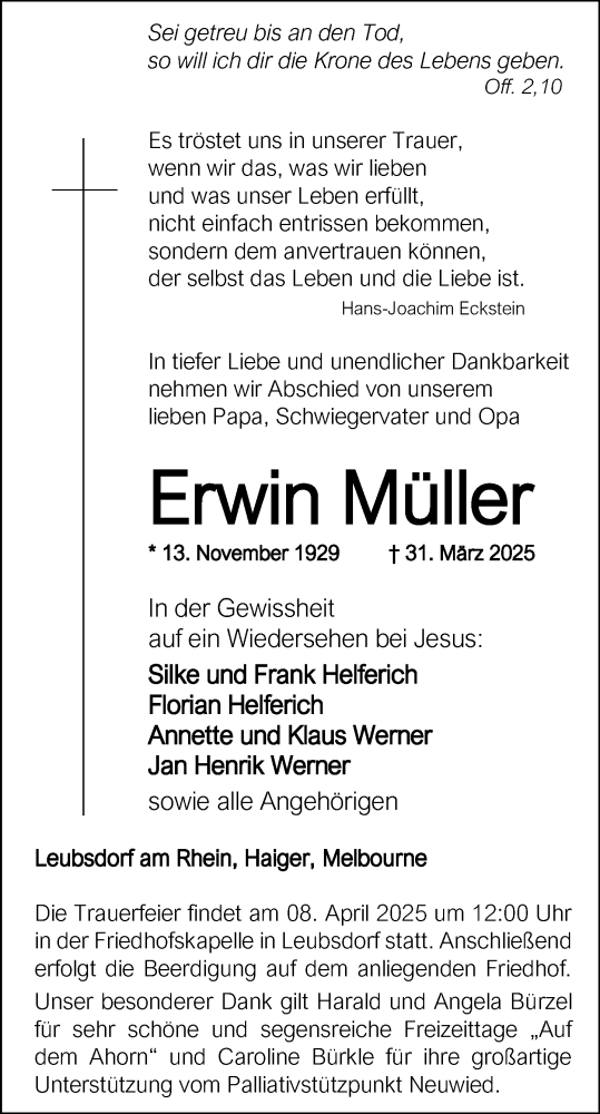 Traueranzeige von Erwin Müller von Dill Block