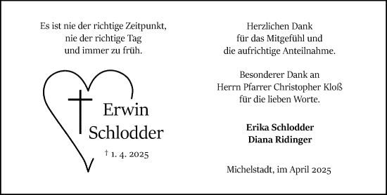 Traueranzeige von Erwin Schlodder von Odenwälder Echo
