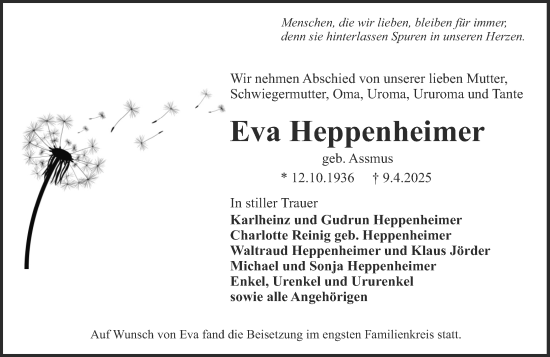 Traueranzeige von Eva Heppenheimer von Darmstädter Echo