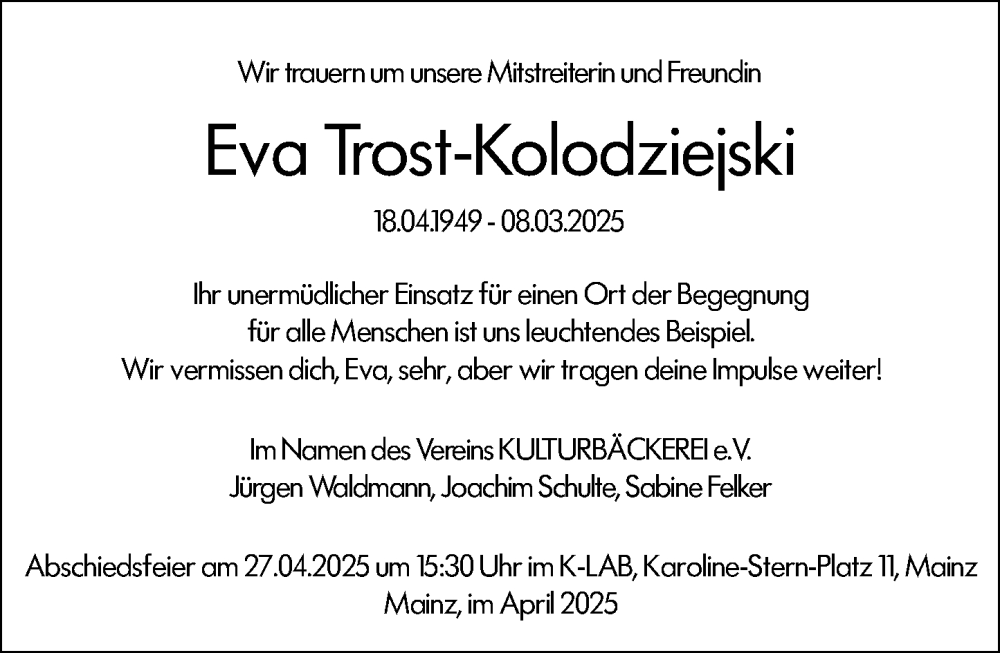  Traueranzeige für Eva Trost-Kolodziejski vom 05.04.2025 aus Allgemeine Zeitung Mainz