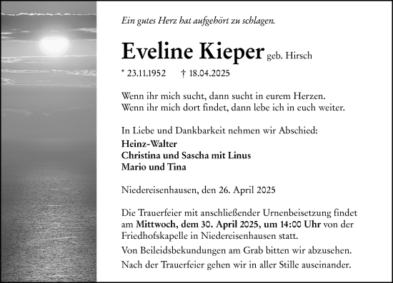 Traueranzeige von Eveline Kieper von Hinterländer Anzeiger