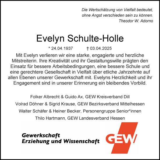 Traueranzeige von Evelyn Schulte-Holle von Dill Block