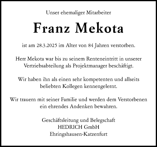 Traueranzeige von Franz Měkota von Wetzlarer Neue Zeitung