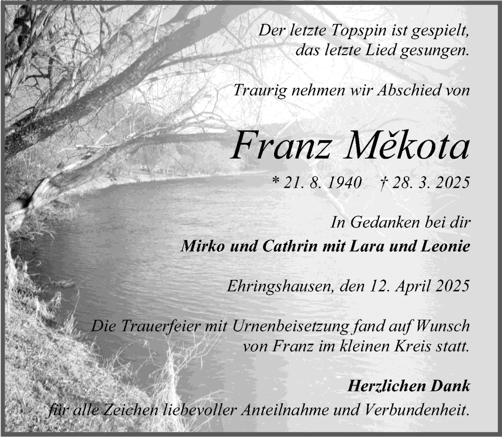  Traueranzeige für Franz Měkota vom 12.04.2025 aus Wetzlarer Neue Zeitung