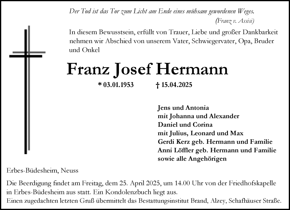  Traueranzeige für Franz Josef Hermann vom 19.04.2025 aus Allgemeine Zeitung Alzey